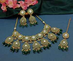 Nuevo diseño chapado en oro tradicional gota perla y Kundan tachonado pendiente Mangtika gargantilla collar conjunto y conjunto de joyería para mujer - Product Image 2