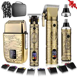 Juego de Cortapelos Profesional con Cuerpo Metálico, Afeitadora Eléctrica con Recortadora de Cuchilla en T y Recortadora de Vello Nasal, Alimentación por USB y Batería - Product Image 1