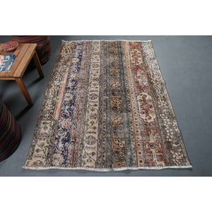 Classique Beige Bleu Rayé Laine Tapis À La Main 4.2 X 5.8ft Rectangulaire Viscose En Peluche pour Chambre Patchwork Motif Latex Support - Product Image 1