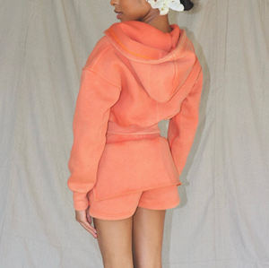 Tenues de jogging 2 pièces en coton éponge française personnalisées et haut de gamme sweat à capuche et short délavés à l'acide pour femmes - Product Image 2