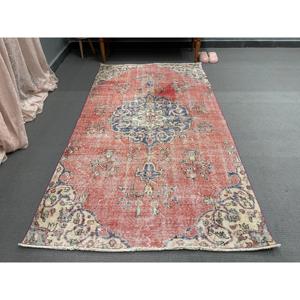 4x7.2 ft Vintage Turkish <b>Wool</b> Rug <b>Red</b> Bordered Patchwork Design with Latex Backing - Product Image 1