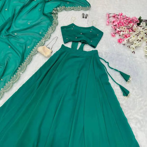 Diseñador moderno Aqua Green Color Pearl Work Adornado Georgette Lehenga Choli & Dupatta Set para ropa de fiesta de mujer - Product Image 1