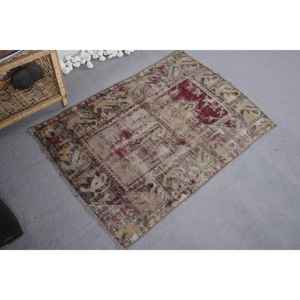 Vintage <b>Wool</b> Rug in <b>Red</b> Beige 9x12 Rectangle with Classic Geometric Patchwork Pattern for Entryway Plush 2.6x3.7ft Latex Backing - Product Image 2