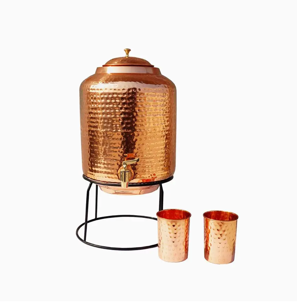 Hot selling Hammered Pure Copper Water Dispenser 5 Liter with Stand and Glass Water Container