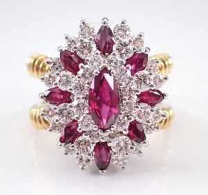 Bague vintage en or jaune 18 carats bijoux fins taille marquise rubis et diamant de laboratoire bague en grappe cadeau d'anniversaire parfait - Product Image 1