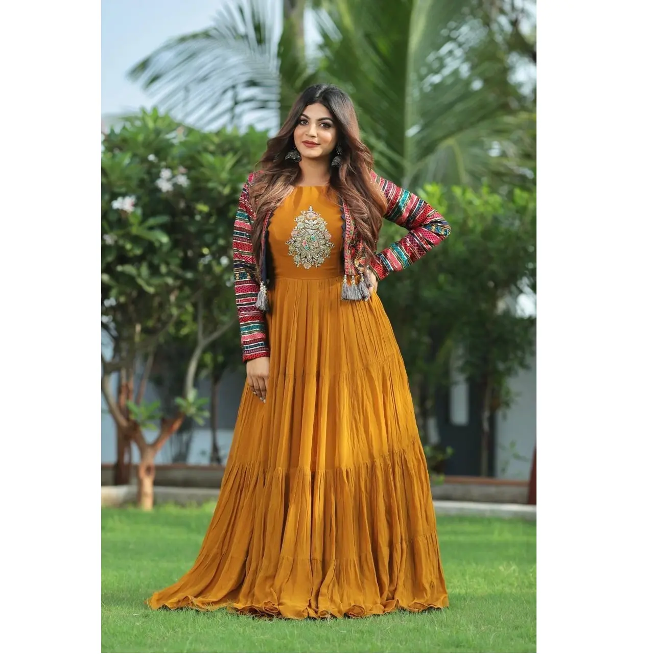 Exclusive Wedding Engagement Party Wear Fox Georgette With Embroidery Work Gown With Beautiful Jacket For Girls Wholesaler Surat