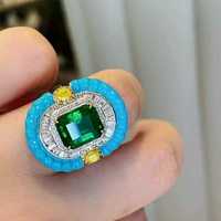 Magnifique bague de style Art Déco en argent sterling avec émeraude Muzo de 4,17 carats, turquoise, émail jaune et zircon blanc, certifiée IGI, pour mariage et soirée