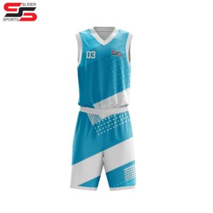 Vente en gros de maillots de basket-ball sublimés, uniformes de basket-ball réversibles en maille de couleur bleu blanc avec logo personnalisé - Product Image 1