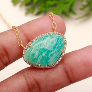 สร้อยคอจี้เพทายลูกบาศก์เงินสเตอร์ลิง925โซ่ขนาด18นิ้วที่ไม่ซ้ำใครชุดเครื่องประดับอัญมณีอเมซอนไนต์ธรรมชาติชุบสำหรับงานแต่งงาน - Product Image 3