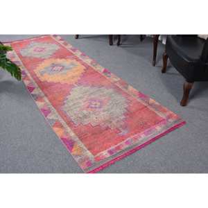 Alfombra turca Vintage de área grande de 3,1x10,1 pies, diseño de retazos rosa y gris, patrón abstracto, lana, algas marinas, látex para habitación de pasillo - Product Image 1