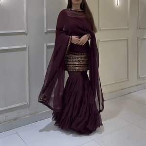 Unity Luxure Women's Solid Embroidered Lace Short Wine Color 100% Silk Kurta Sharara <b>Set</b> with Dupatta Premium Festive Party Wear - Product Image 1