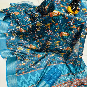 ส่าหรีผ้าไหมพิมพ์ลายดิจิตอลหลากสีสวยงามมีขอบ kanchi - Product Image 1