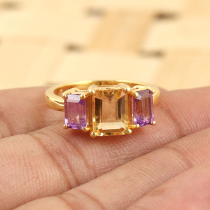 แหวนเงินแท้ 925 ประดับพลอยสามเม็ดทรงเหลี่ยมแบบ Emerald Cut ชุบทองวินเทจ พร้อมพลอย Citrine และ Amethyst แท้ สำหรับงานแต่งงานและงานปาร์ตี้ - Product Image 3