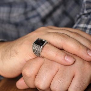 Handcrafted Vintage 925 Sterling Silver Men's <b>Ring</b> Faceted Onyx Bezel Setting Coral Pen-Shaped Design for Wedding Engagement - Product Image 1