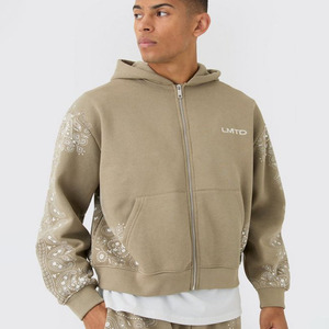 Nouveau à la mode Taupe surdimensionné Boxy Paisley bordure fermeture éclair à travers graphique basiques à capuche coton mélangé Top vente hommes sweats à capuche - Product Image 1