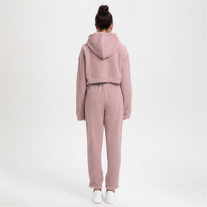 Ensemble de survêtement oversize pour femme 2025, sweat à capuche court zippé intégral et pantalon de jogging évasé, avec broderie effet vieilli et délavé, couleur unie - Product Image 6