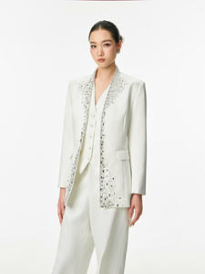Elegant Luxury White Embellished <b>Women</b> <b>Suit</b> Set Cotton Poly Spandex OEM ODM Vietnam Elegant Formal Blazer and Pants Set - Product Image 3