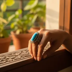 Anillo de Moda de Plata 925 con Turquesa y Marcasita para Mujer, Incrustaciones de Acero Inoxidable, Chapado en Oro, Estilo Hiphop - Product Image 2