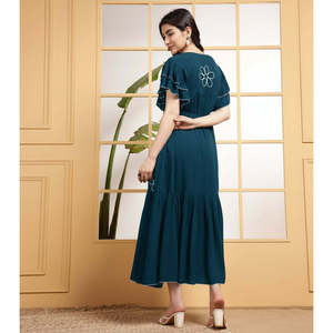 Deebaco Women's A-Line Teal Viscose Maxi <b>Dress</b> With White Floral Embroidery Ruffle Sleeves Scoop Neck Boho <b>Loose</b> Fit Summer - Product Image 4