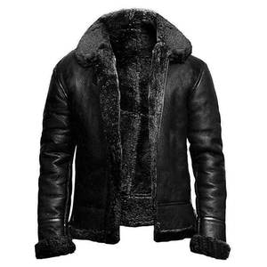 Blouson aviateur en cuir et coton pour hommes, col à revers, manteau de moto classique et chaud de style aviateur, doublé polaire, hiver, toile formelle - Product Image 1