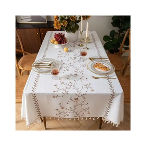 White Cotton Tablecloth Grey Floral Embroidery Tassel Edge Rectangle Dining Cover Premium Home <b>Linen</b> Wholesale Indian Supplier - Product Image 6