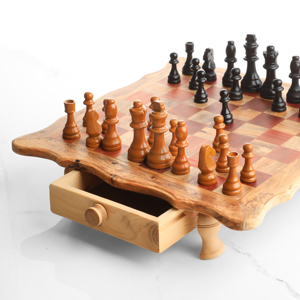 Tablero de Ajedrez de Madera con Bordes Ondulados, Patas y Cajones de Almacenamiento, Cuadrados Rojos, 22–41 cm, Venta al por Mayor - Product Image 6