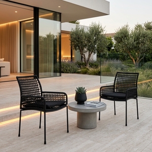 Fauteuil d'extérieur moderne noir tressé avec structure en tuyaux de fer, cordes synthétiques et coussin en tissu SR10 – Design artistique et décoratif - Product Image 3