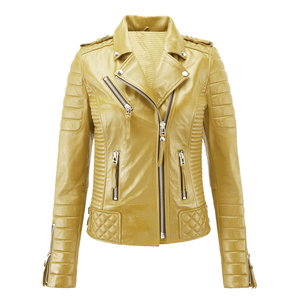 แจ็กเก็ตหนังแกะแท้สำหรับผู้หญิงเสื้อแจ็กเก็ตหนังสไตล์นักขี่จักรยานสีเหลืองทรงสลิมฟิตสำหรับผู้หญิง - Product Image 1