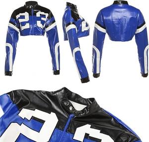 Mode 23 veste en cuir courte pour femmes élégant bleu noir motard manteau court coût raisonnable en vente - Product Image 5