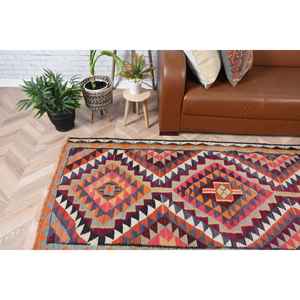 Alfombra Turca de 3.2x10.5 pies, Alfombra de Lana con Diseño Floral Vintage en Rojo y Azul - Product Image 1