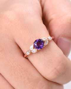Amethyst Engagement Ring 925 Silver 14k Rose Gold Plated Marquise Leaf Art Deco Vintage Bridal Set - Product Image 3