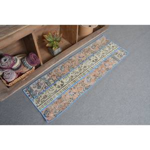 Alfombra turca vintage de lana hecha a mano azul beige de 1,6x4,6 pies con patrón abstracto de forma rectangular de altura de pila de felpa para dormitorio - Product Image 2