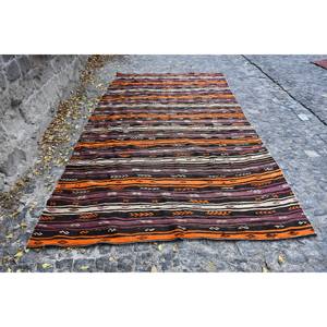 พรมปูพื้นห้องรับประทานอาหารลายปะติดแบบดั้งเดิม สีส้มน้ำตาล ขนาด 6x11.3 ฟุต ผลิตจากขนสัตว์และใยวิสโคสของตุรกี เป็นมิตรต่อสิ่งแวดล้อม ด้านหลังทำจากยางลาเท็กซ์ - Product Image 1