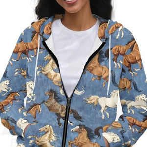 Sudadera con Capucha para Mujer, Diseño de Caballo Azul en Estampado Terry Premium, Cierre Frontal con Cremallera, Manga Larga, Estilo Casual Moderno - Product Image 5