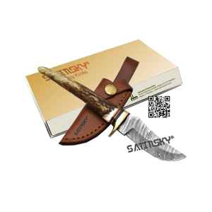 Couteau de chasse manche en os traversin en laiton 10 "avec couteau de chasse acier damas: 1095 + 15N20 acier à haute teneur en carbone acier damas - Product Image 5