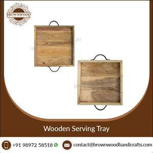 Lot de 2 plateaux de service en bois de manguier avec poignées en métal Plateaux en bois sculpté Home Restaurants Plateaux décoratifs en bois Service de nourriture - Product Image 3