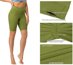 Pantalones cortos de motorista de cintura alta verde oliva con bolsillo para teléfono Pantalones cortos de Yoga de compresión para mujer - Product Image 3
