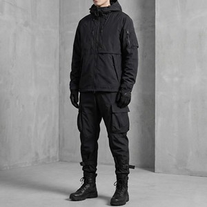 Wholesale OEM High Quality <b>Black</b> 100% Cotton Acid Wash Printed Hooded Vintage Tracksuit <b>Men</b> Multi Cargo Pockets Tactical Jogger - Product Image 5