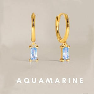 Garnet Baguette Gemstone Dangle Hoop <b>Earrings</b> - Prong Set Sterling Silver, Faceted Stone January Birthstone Women Jewelry - Product Image 4