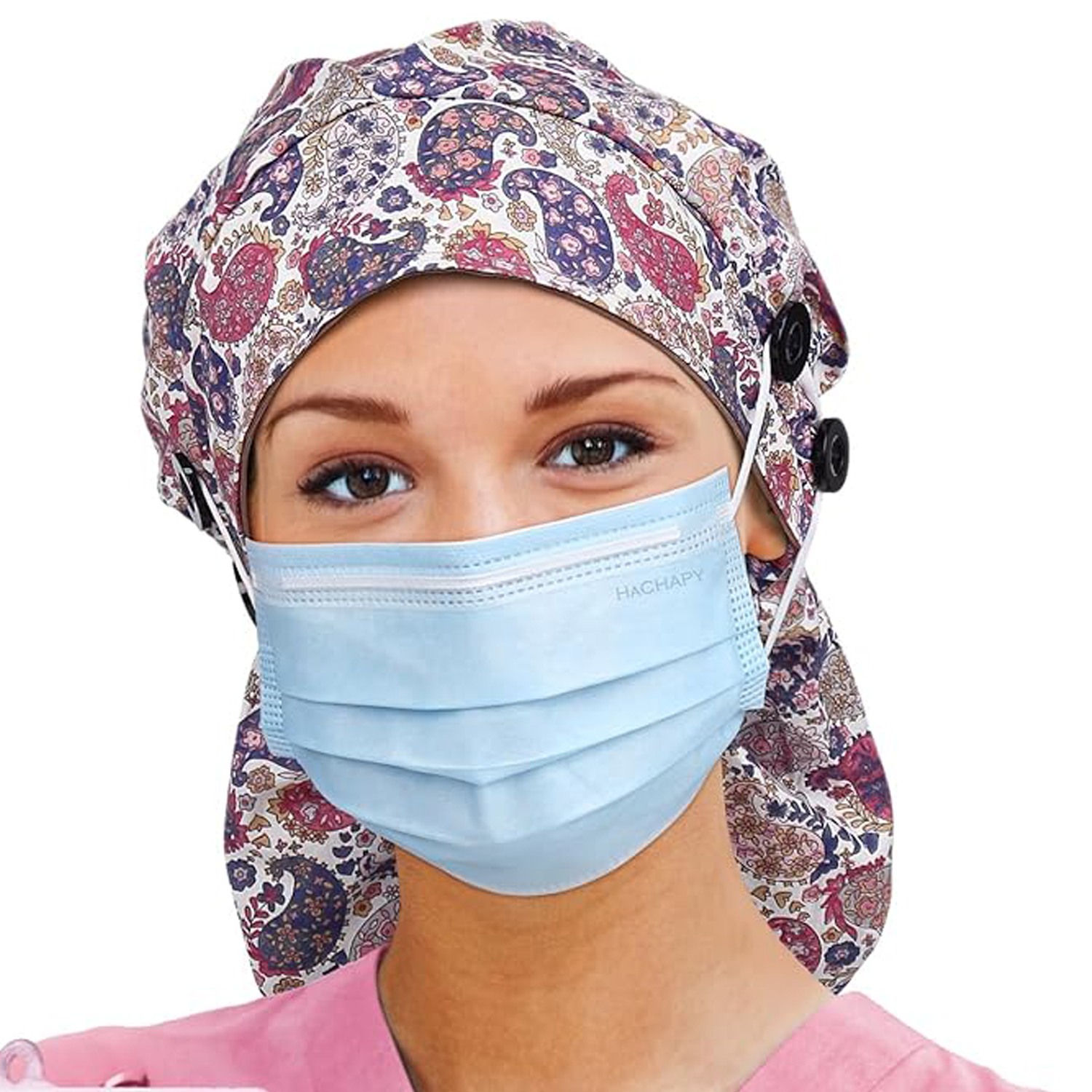 thumbnail image 2 of Satin Lined Scrub Cap For Women With Long Hair - Surgical Nurse Cap With 4 Buttons 2 of 10