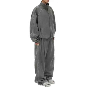 Survêtement unisexe gris, coupe ample, col montant, fermeture à cordon, poches latérales, style streetwear, pour l'automne - Product Image 4