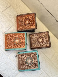 Western Pattern Hand Tooled Leather Men's Wallet Long Zipper Hot Sale Fashion Stylish Turquoise <b>Colour</b> Cash Holder Gift for Him - Product Image 6