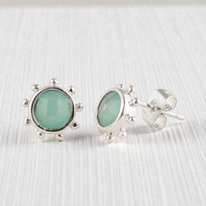 ต่างหูเงินแท้ 925 ประดับพลอยอควา ชาลเซโดนี ทรงกลม แบบมินิมอล พร้อมมอยส์ซาไนต์ สำหรับผู้หญิง ขายส่ง - Product Image 1