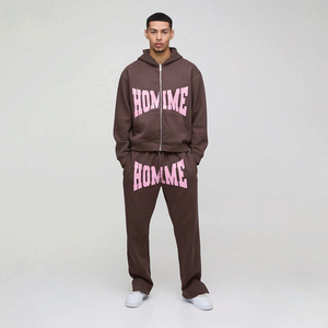 Nouveau survêtement unisexe à capuche courte tendance, noir, surdimensionné, à fermeture éclair, avec pantalon de survêtement à jambes extrêmement larges, impression personnalisée - Product Image 4