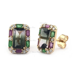 Luxury 18K Solid Gold <b>Earrings</b> Natural Mix Gemstone Diamond Elegant <b>Stud</b> Design for Women for Parties Gifts Wholesale Supplier - Product Image 3