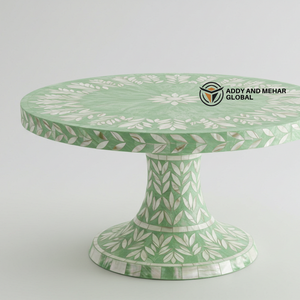 Support à gâteau de luxe en nacre verte incrustée de feuilles florales artisanales sur pied, assiette à dessert - Product Image 3