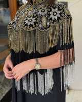 Haut élégant pour femme, style poncho, col carré, orné de perles de cristal classiques, taille naturelle, respirant, formel et lourd