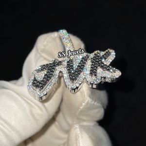 Collier personnalisé avec initiales en argent massif 925 pour homme, style hip-hop, serti de diamants noirs en moissanite VVS, pendentif en rhodium, cadeau - Product Image 3