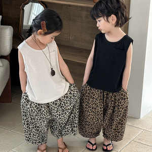 Pantalones de leopardo para niños de verano 2025, pantalones recortados para niños y niñas con logotipo de algodón a prueba de mosquitos de pierna ancha en la cintura - Product Image 6