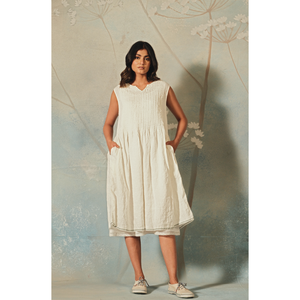 Vestido BRAHMA - Estilo Casual de Lino con Pliegues, Color Marfil, Talla XS, Transpirable, Estampado Floral Bohemio, Estilo Oficina para Mujer, Natural, ODM, con Volantes - Product Image 1